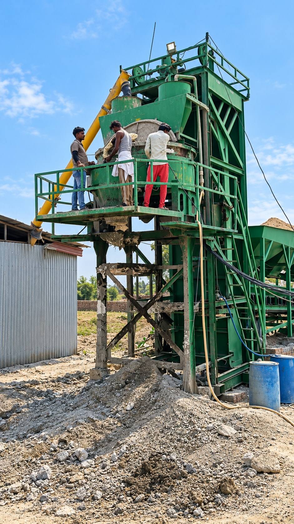 Green concrete batching plant with workers on its mixing platform