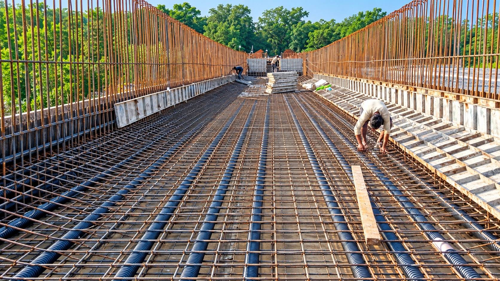 Long bridge deck with reinforcement mesh and black pre-stressing ducts running its length