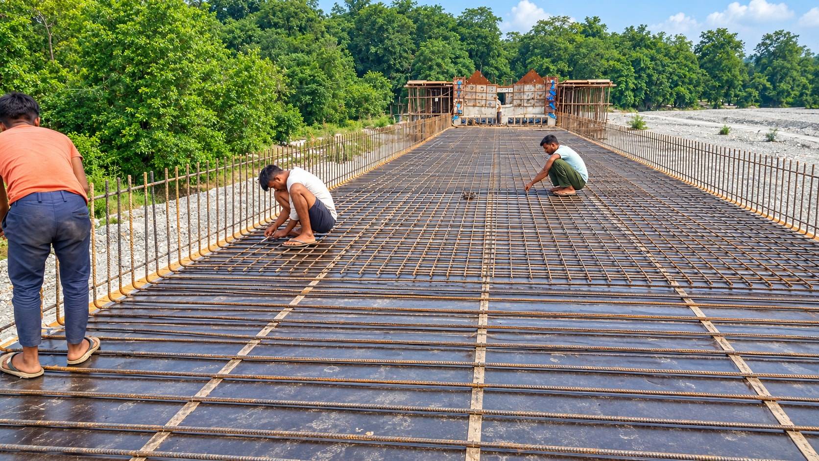 Workers tying deck slab reinforcement on a bridge above a wide boulder riverbed
