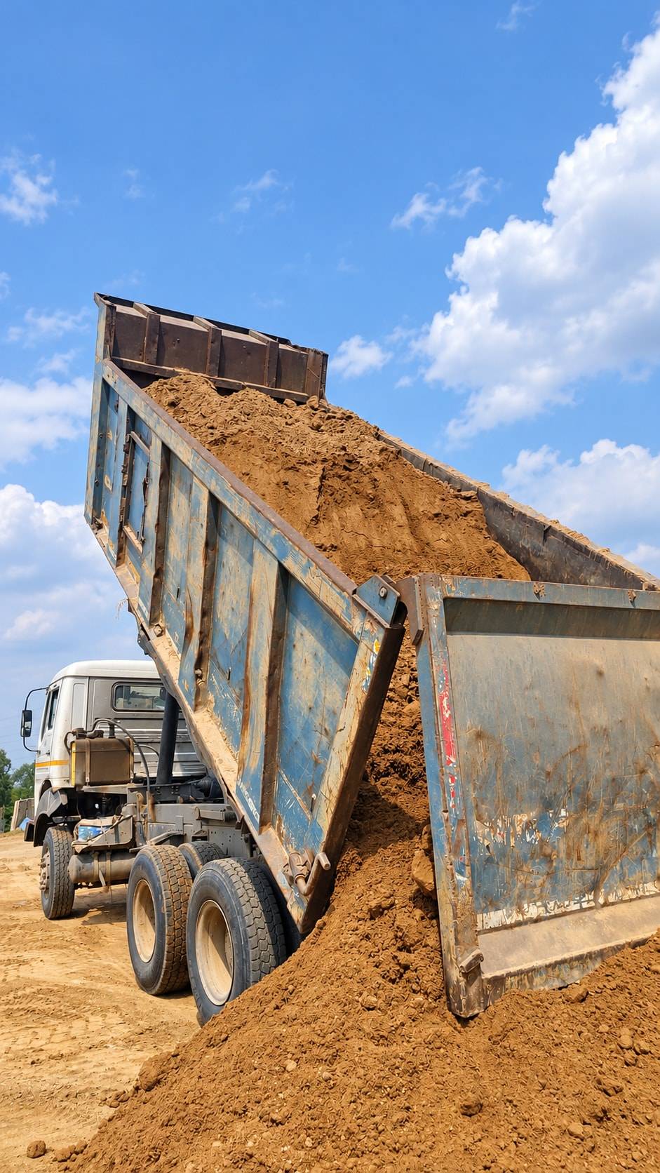 Tipper truck unloading earth for embankment filling