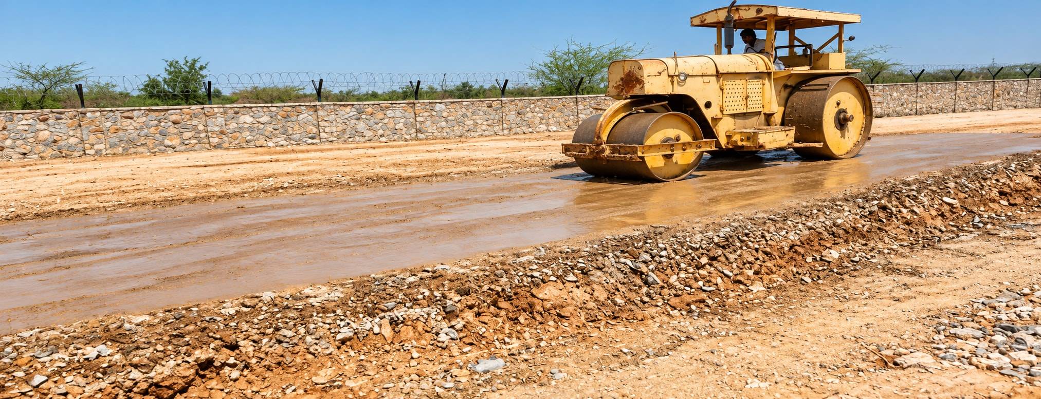Road roller compacting a wet earthwork layer beside a stone boundary wall