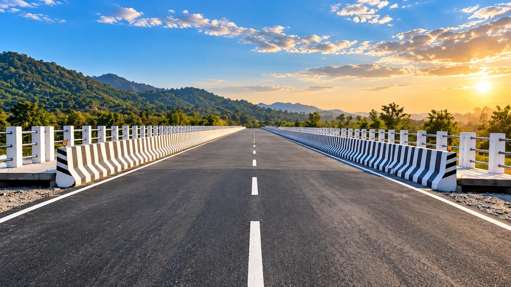 Completed two-lane bridge deck with crash barriers and railings, hills behind at sunrise