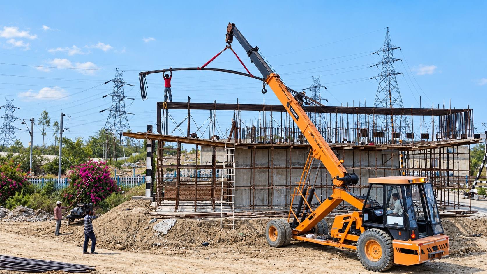 Hydra crane lifting reinforcement bars onto a structure under construction at dusk