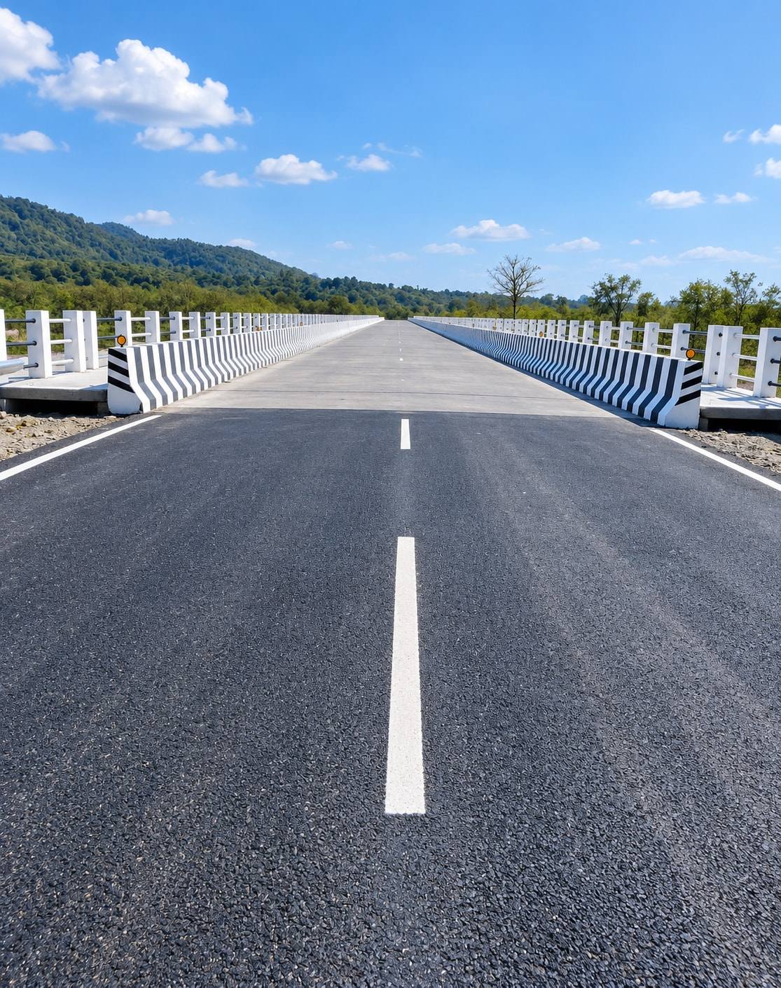 Completed 240 m RCC pre-stressed bridge at Thano, its deck lined with crash barriers and railings, hills behind