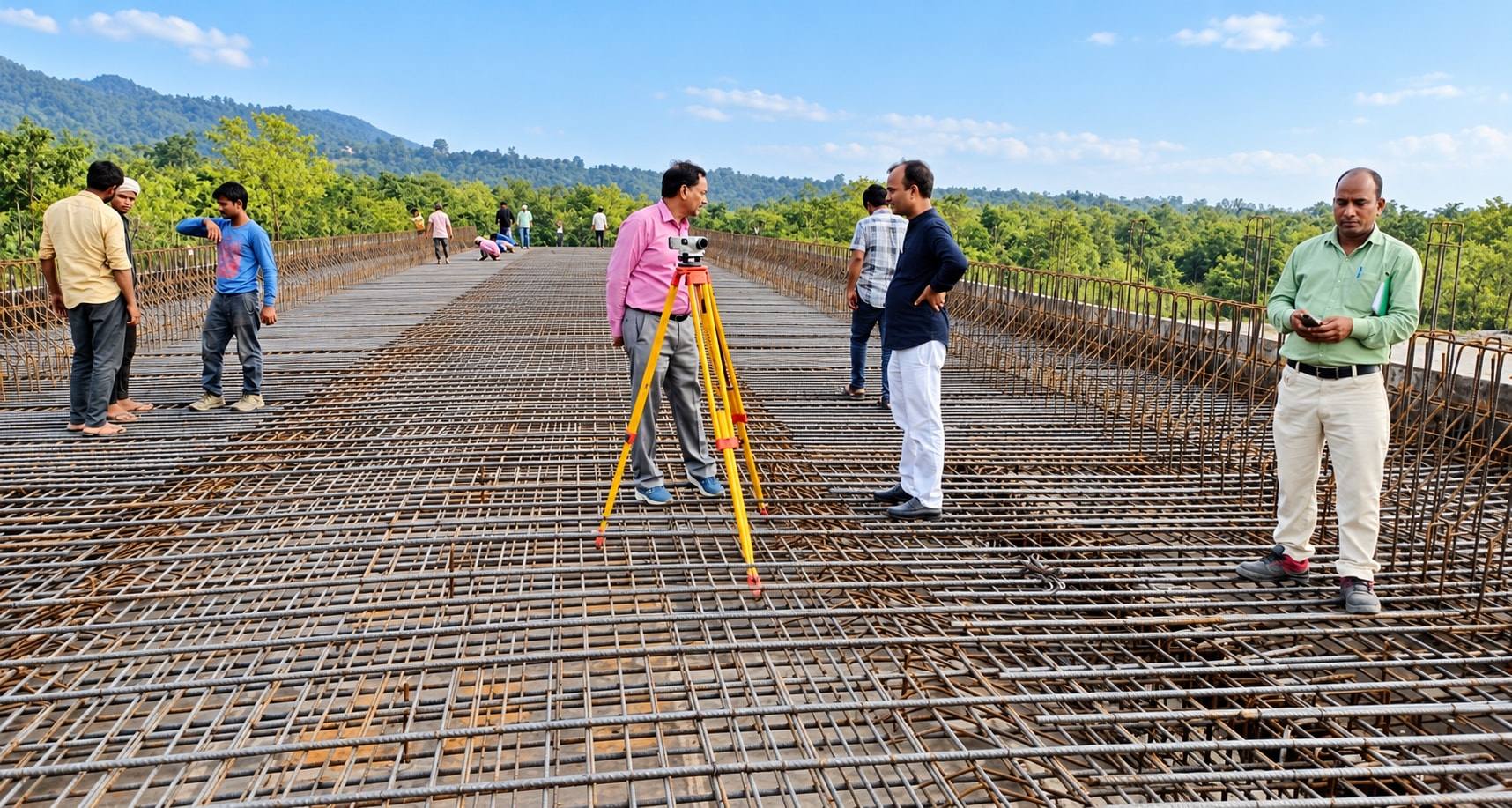 NIPL engineers checking bridge deck reinforcement with a total station