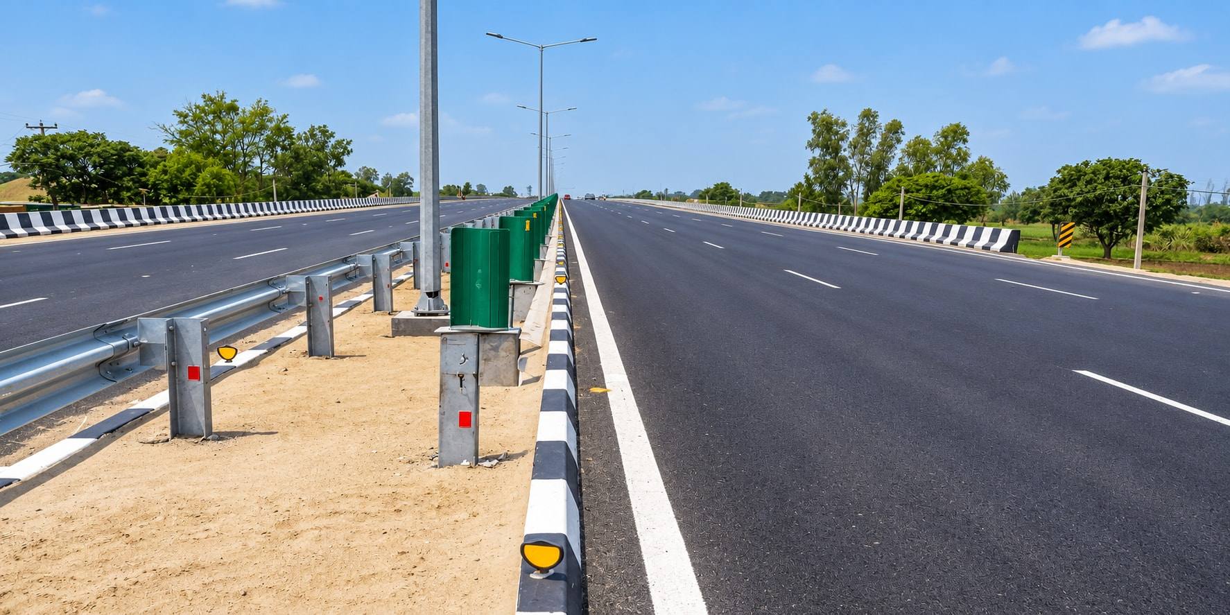 Completed divided highway with metal beam crash barrier along the median