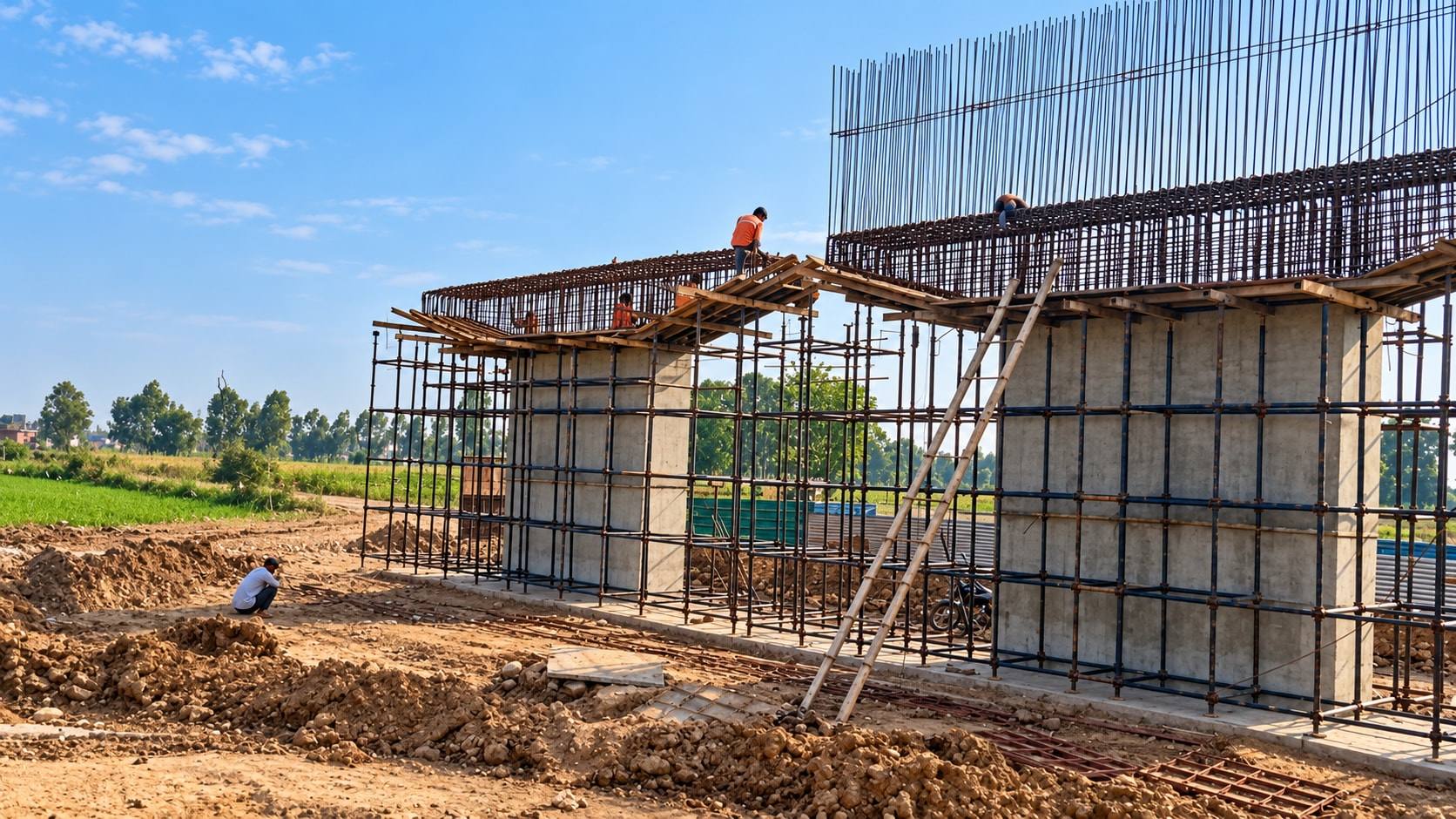 Pier caps under construction with scaffolding and reinforcement on the Haridwar Bypass