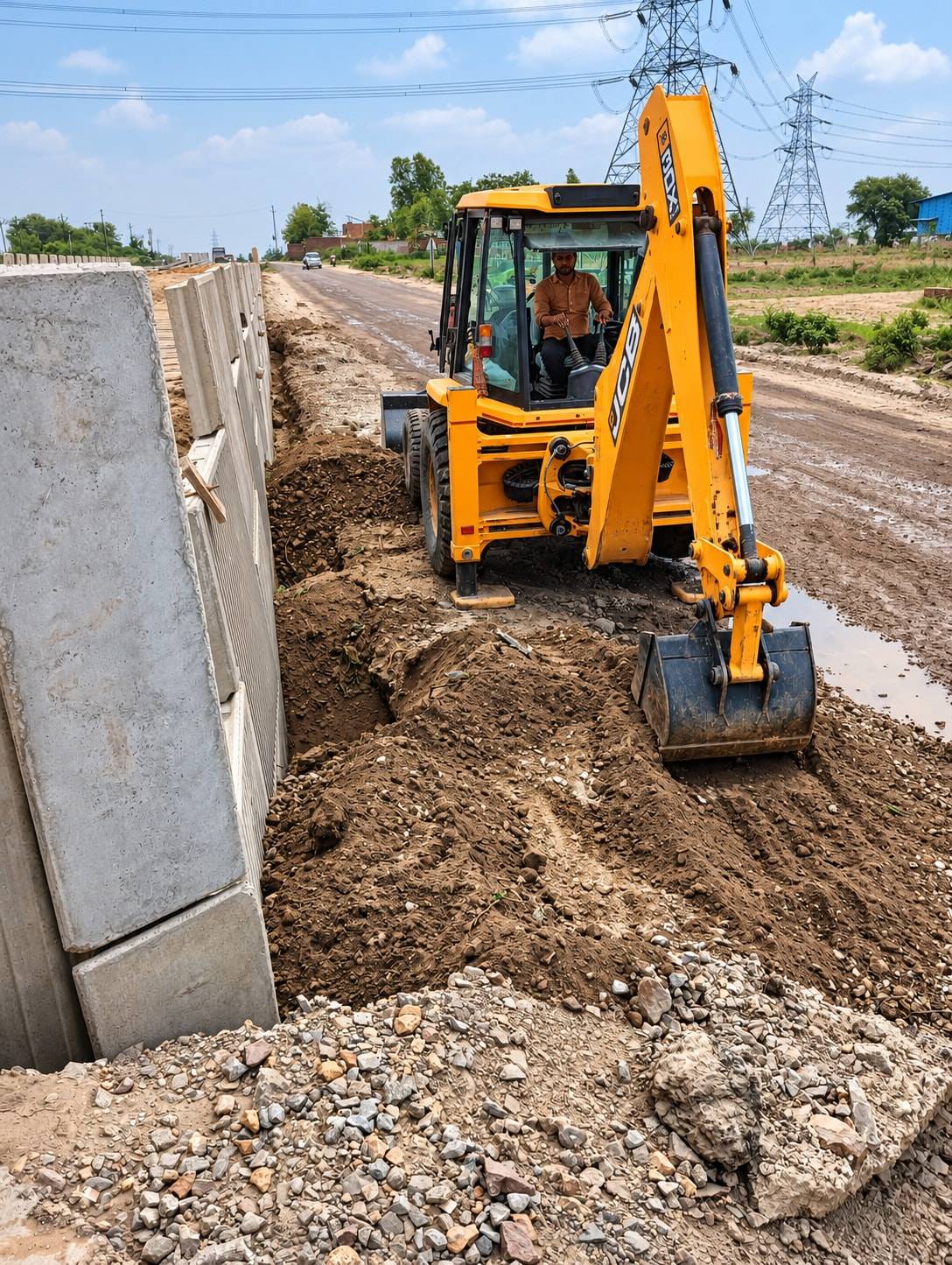 Backhoe loader excavating beside a line of precast RE wall panels