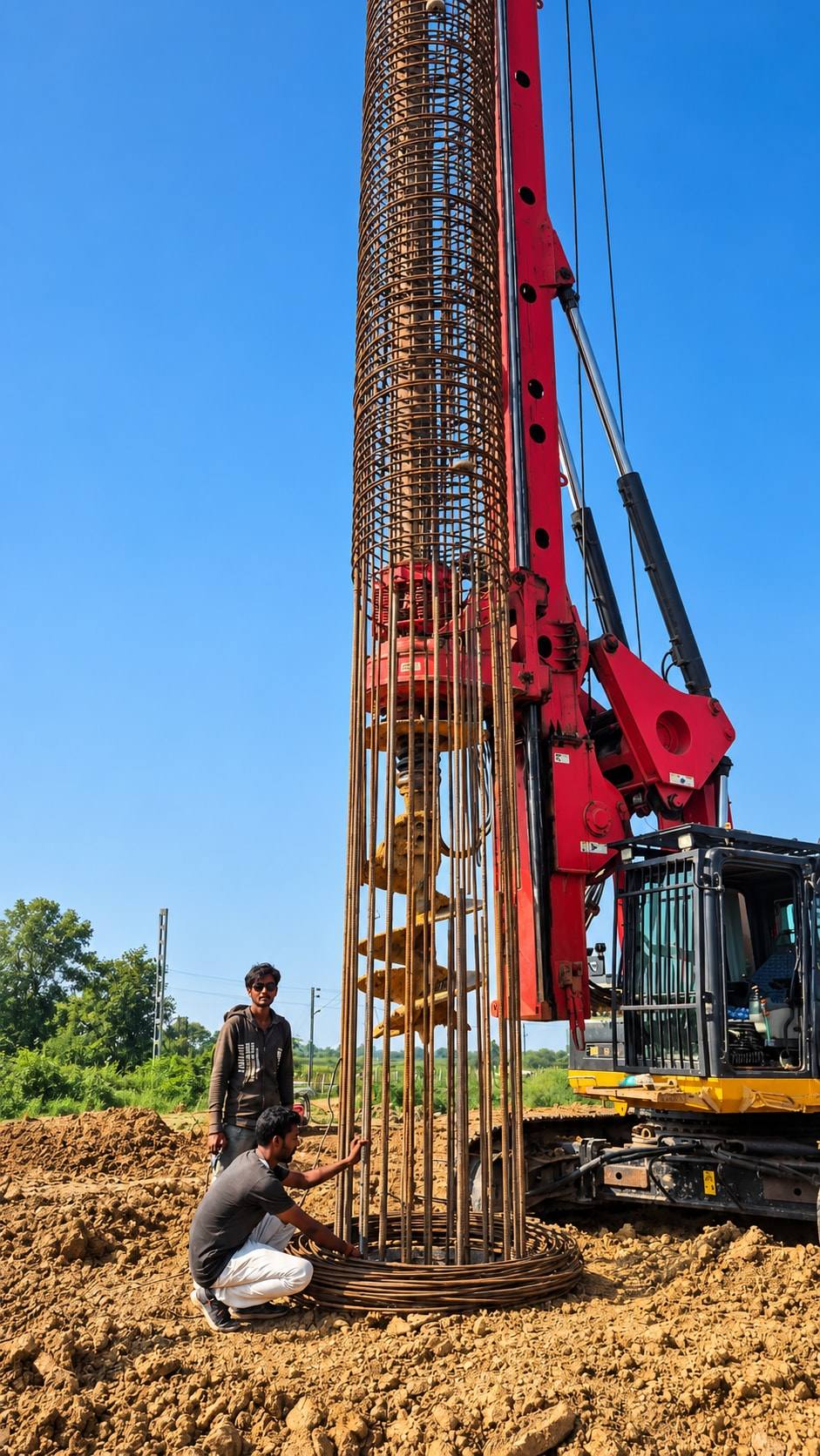 Workers guiding a tall pile reinforcement cage beside a rotary piling rig