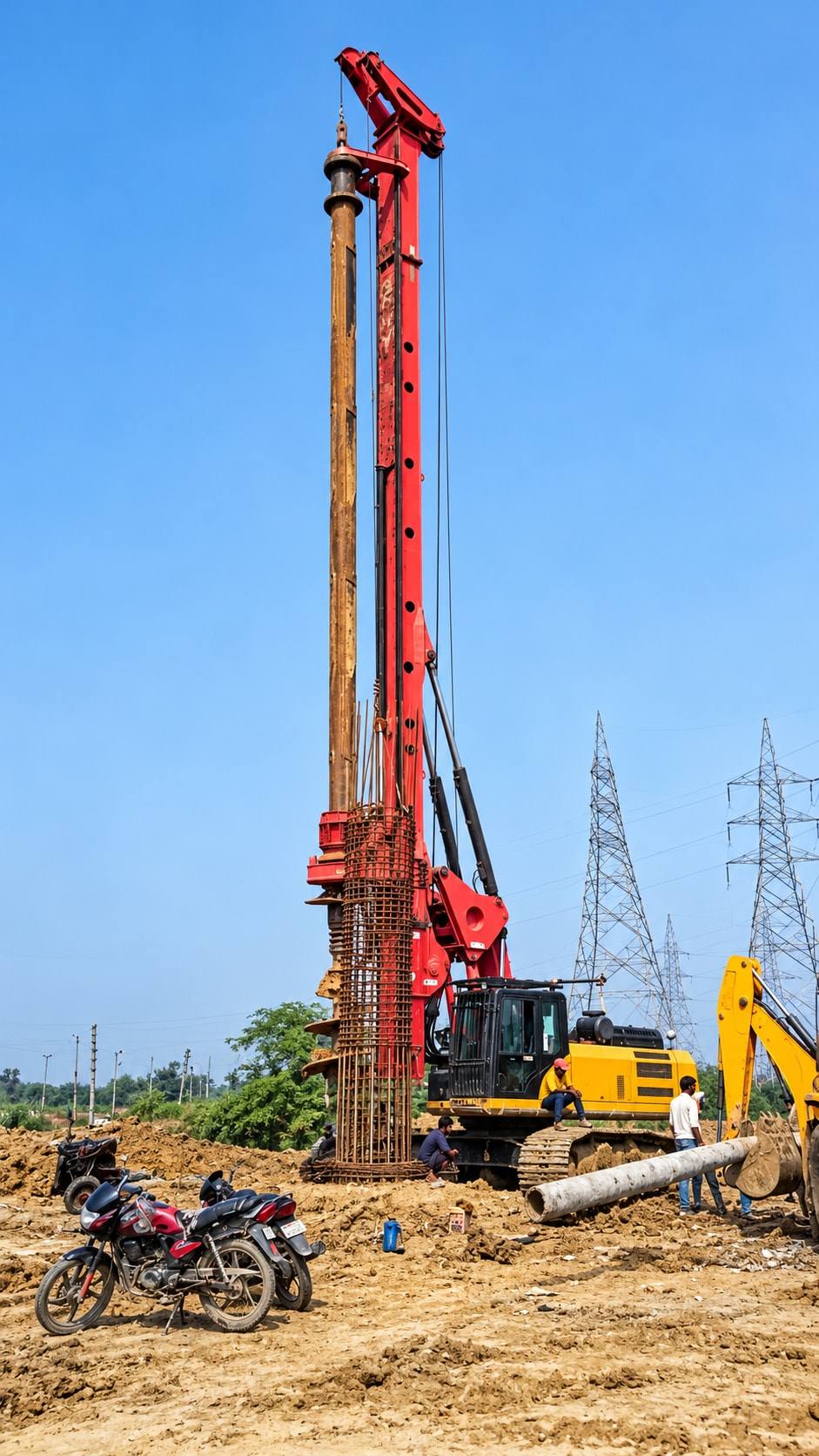 Rotary piling rig lifting a reinforcement cage, with high-voltage transmission towers behind