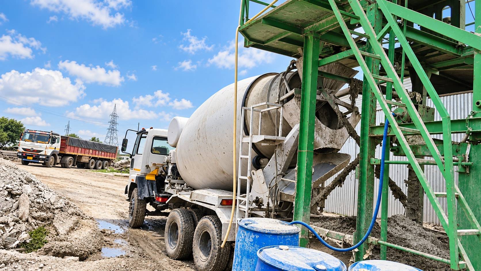 Transit mixer truck loading concrete under a batching plant