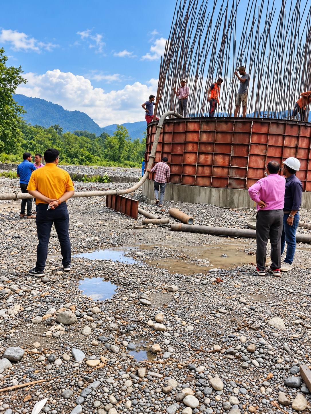 Engineers on a riverbed site watching work on a circular well foundation, hills behind